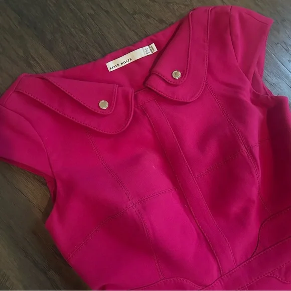 Karen Millen Hot Pink Dress Size 4 Tailored Gold Detail Work Church - Picture 4 of 10